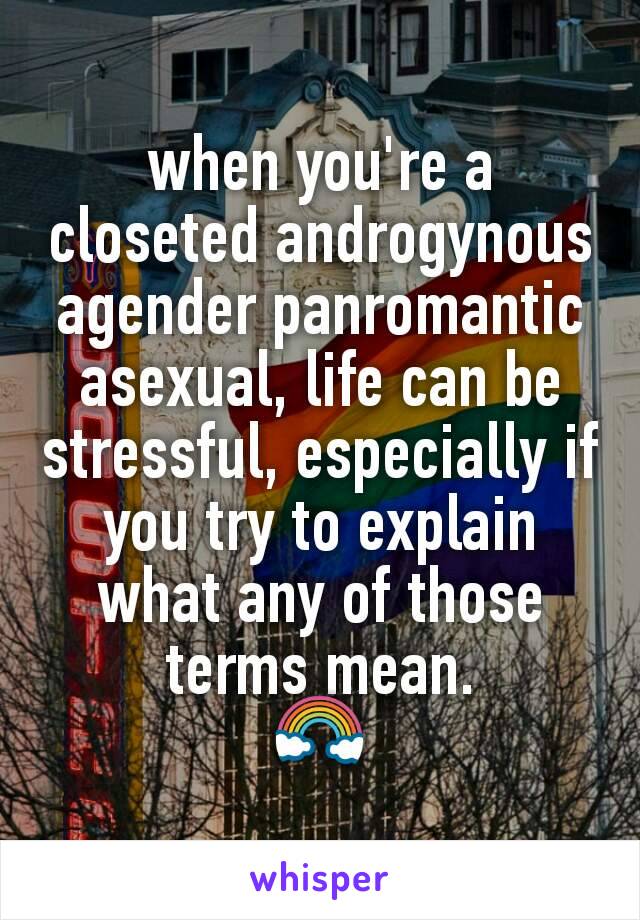 when you're a closeted androgynous agender panromantic asexual, life can be stressful, especially if you try to explain what any of those terms mean.
🌈