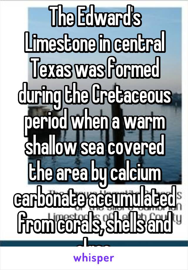 The Edward's Limestone in central Texas was formed during the Cretaceous period when a warm shallow sea covered the area by calcium carbonate accumulated from corals, shells and algae.