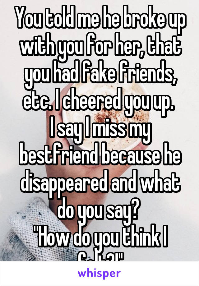 You told me he broke up with you for her, that you had fake friends, etc. I cheered you up. 
I say I miss my bestfriend because he disappeared and what do you say? 
"How do you think I felt?!"