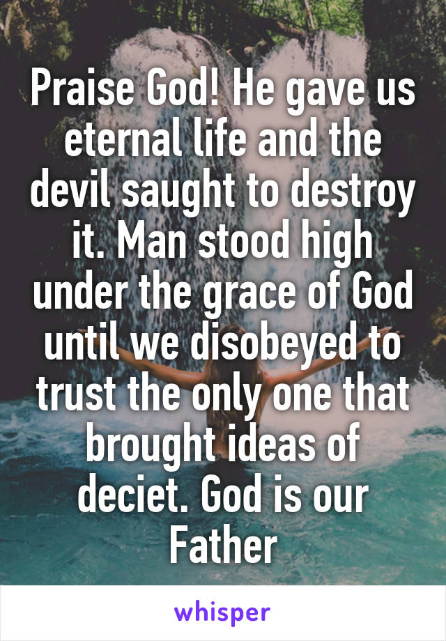 Praise God! He gave us eternal life and the devil saught to destroy it. Man stood high under the grace of God until we disobeyed to trust the only one that brought ideas of deciet. God is our Father