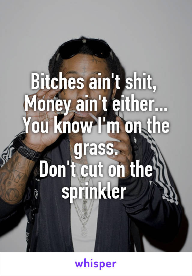 Bitches ain't shit, 
Money ain't either...
You know I'm on the grass.
Don't cut on the sprinkler 