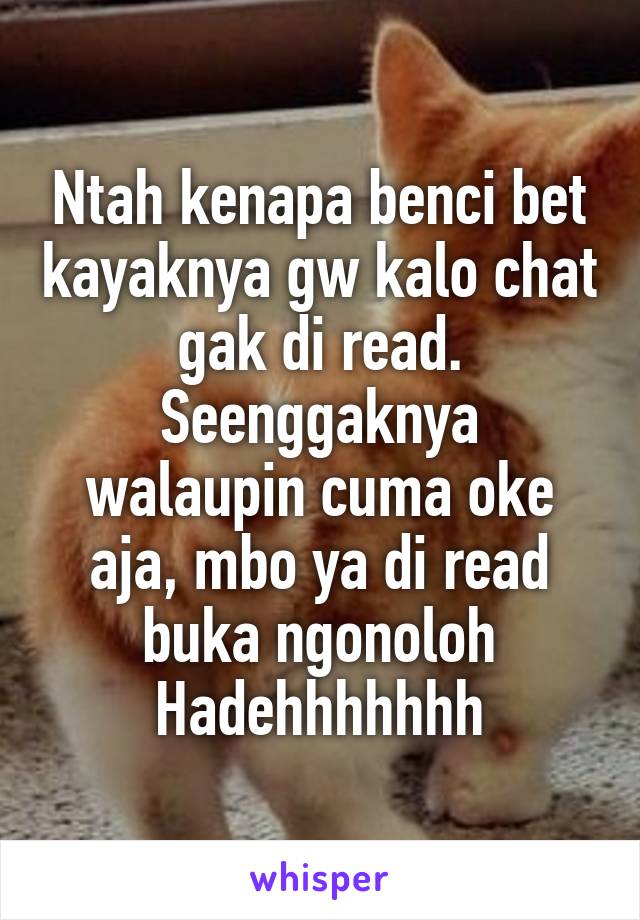 Ntah kenapa benci bet kayaknya gw kalo chat gak di read.
Seenggaknya walaupin cuma oke aja, mbo ya di read buka ngonoloh
Hadehhhhhhh