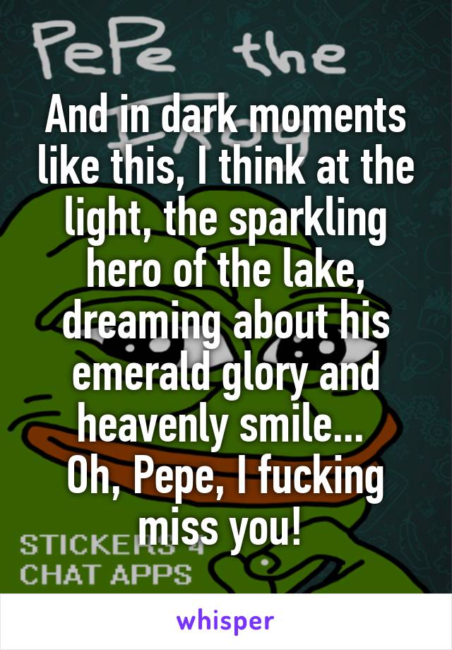 And in dark moments like this, I think at the light, the sparkling hero of the lake, dreaming about his emerald glory and heavenly smile... 
Oh, Pepe, I fucking miss you! 