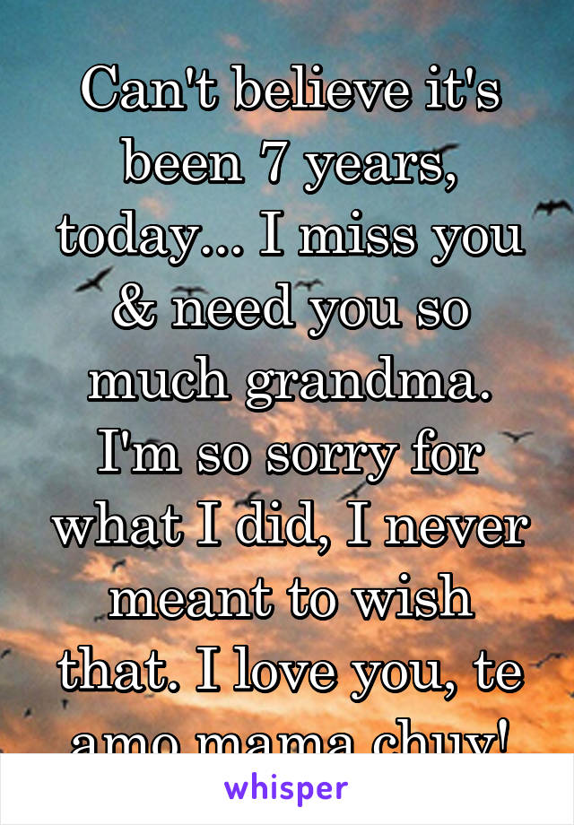 Can't believe it's been 7 years, today... I miss you & need you so much grandma. I'm so sorry for what I did, I never meant to wish that. I love you, te amo mama chuy!