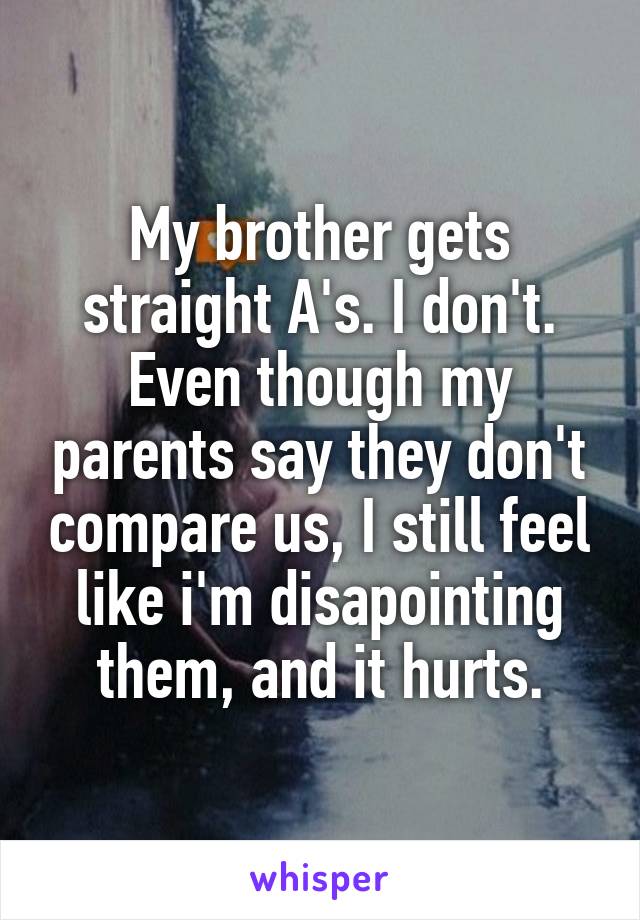 My brother gets straight A's. I don't. Even though my parents say they don't compare us, I still feel like i'm disapointing them, and it hurts.