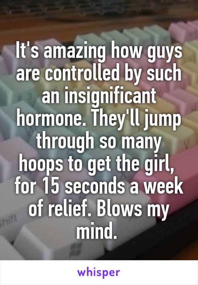 It's amazing how guys are controlled by such an insignificant hormone. They'll jump through so many hoops to get the girl,  for 15 seconds a week of relief. Blows my mind. 