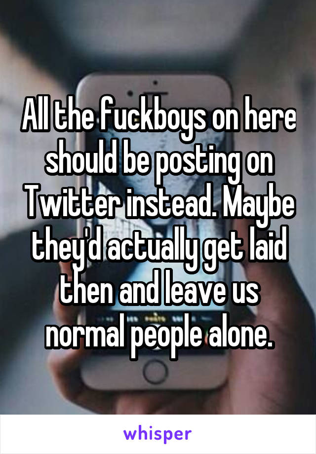 All the fuckboys on here should be posting on Twitter instead. Maybe they'd actually get laid then and leave us normal people alone.