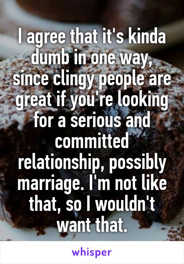 I agree that it's kinda dumb in one way, since clingy people are great if you're looking for a serious and committed relationship, possibly marriage. I'm not like that, so I wouldn't want that.