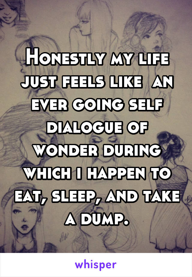 Honestly my life just feels like  an ever going self dialogue of wonder during which i happen to eat, sleep, and take a dump.