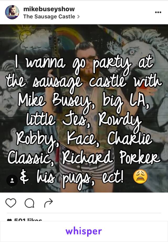 I wanna go party at the sausage castle with Mike Busey, big LA, little Jes, Rowdy Robby, Kace, Charlie Classic, Richard Porker & his pugs, ect! 😩