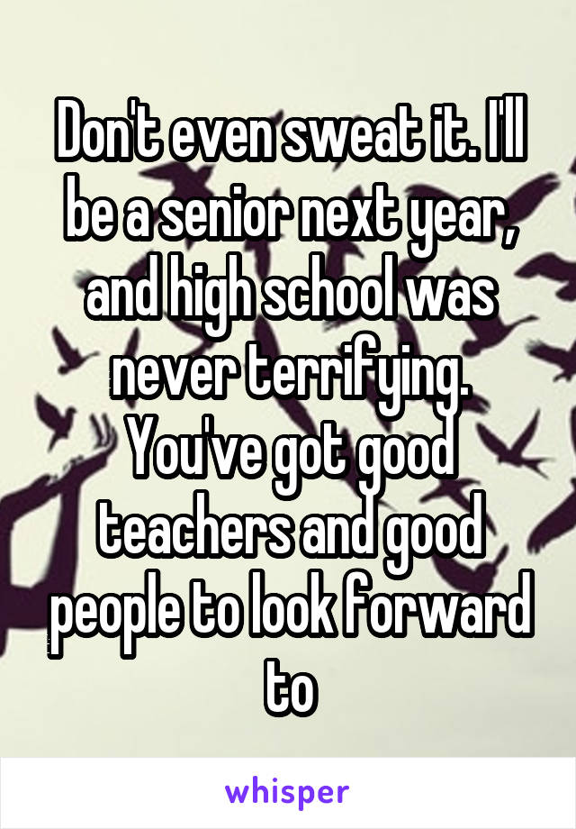 Don't even sweat it. I'll be a senior next year, and high school was never terrifying. You've got good teachers and good people to look forward to