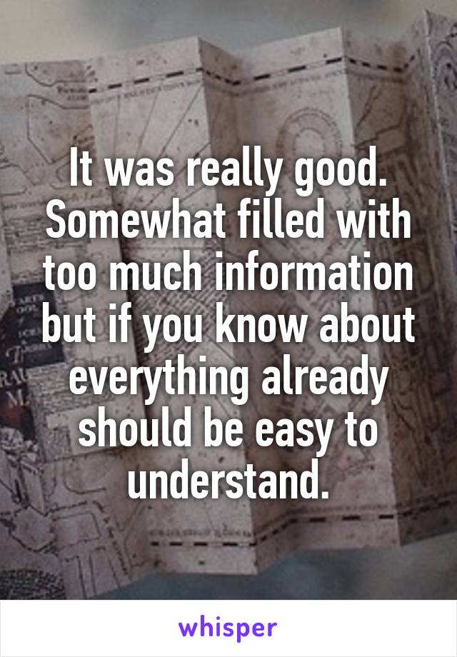 It was really good. Somewhat filled with too much information but if you know about everything already should be easy to understand.