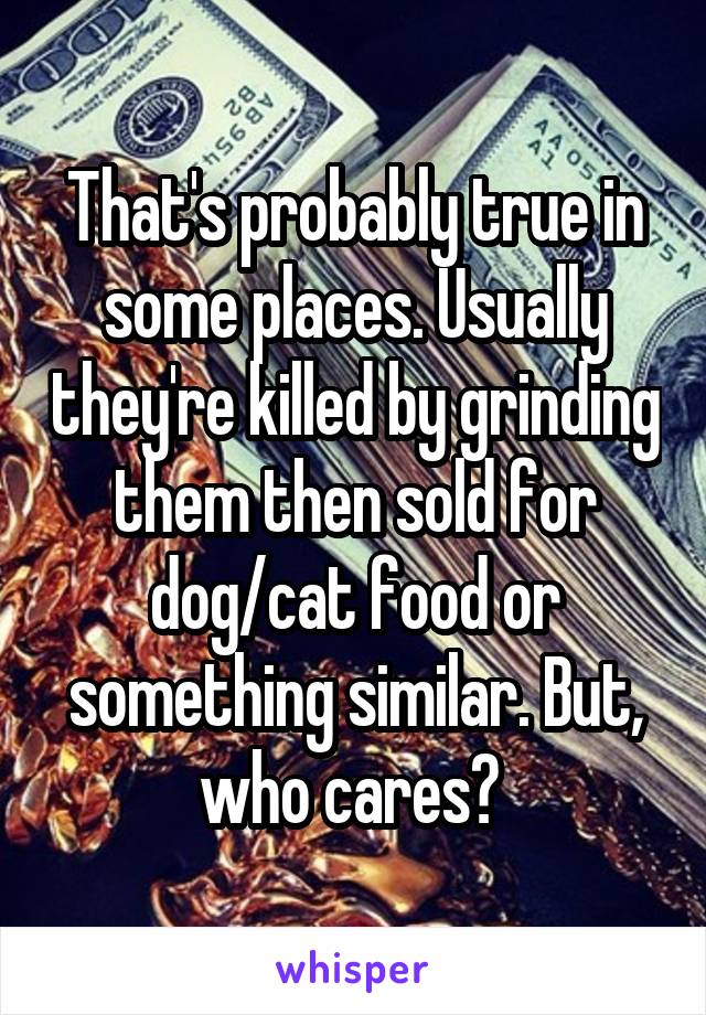 That's probably true in some places. Usually they're killed by grinding them then sold for dog/cat food or something similar. But, who cares? 