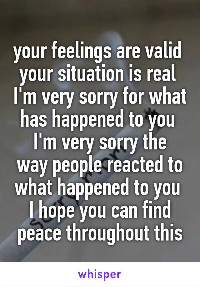 your feelings are valid 
your situation is real  I'm very sorry for what has happened to you 
I'm very sorry the way people reacted to what happened to you 
I hope you can find peace throughout this