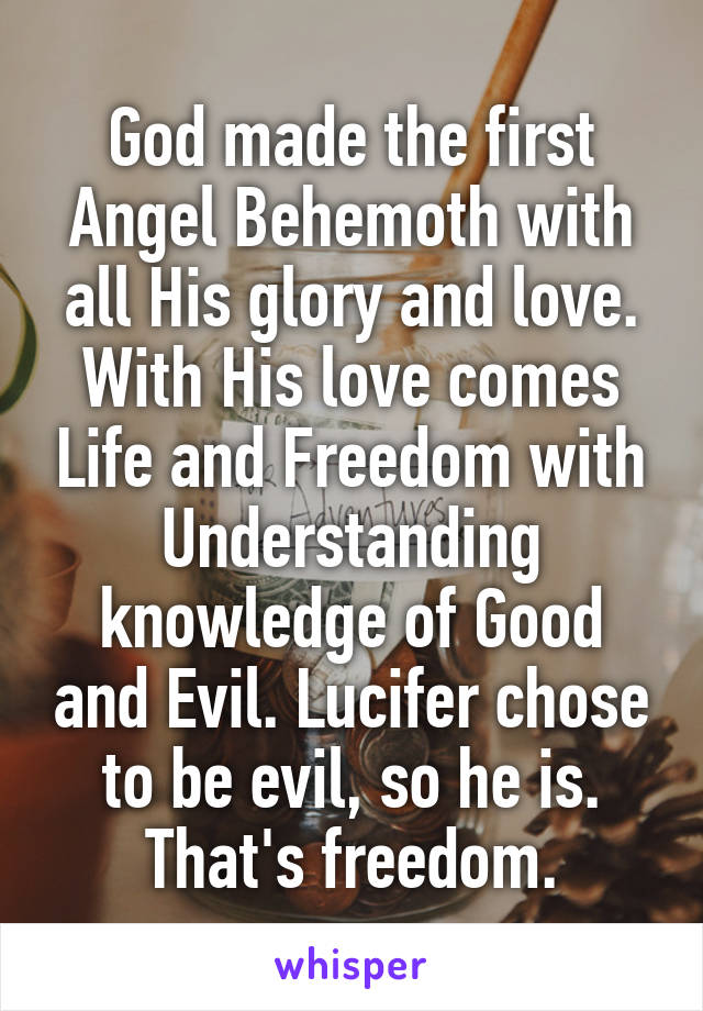 God made the first Angel Behemoth with all His glory and love. With His love comes Life and Freedom with Understanding knowledge of Good and Evil. Lucifer chose to be evil, so he is. That's freedom.