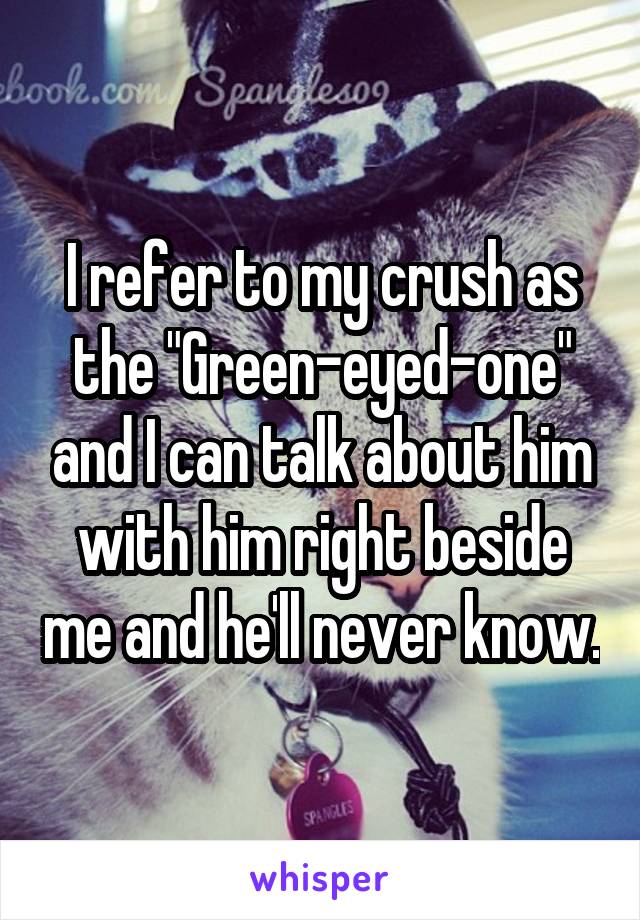 I refer to my crush as the "Green-eyed-one" and I can talk about him with him right beside me and he'll never know.