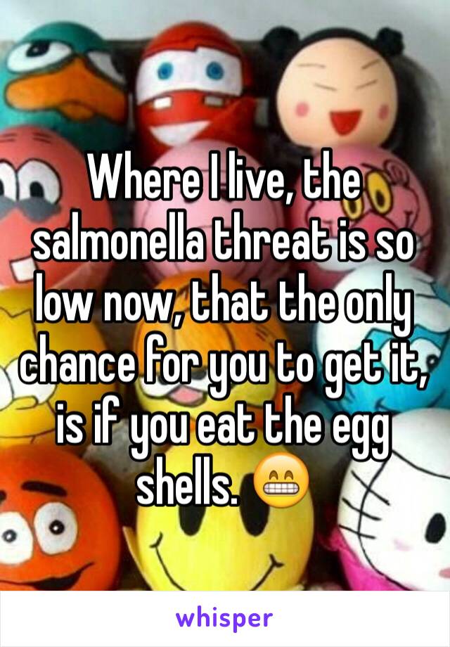 Where I live, the salmonella threat is so low now, that the only chance for you to get it, is if you eat the egg shells. 😁