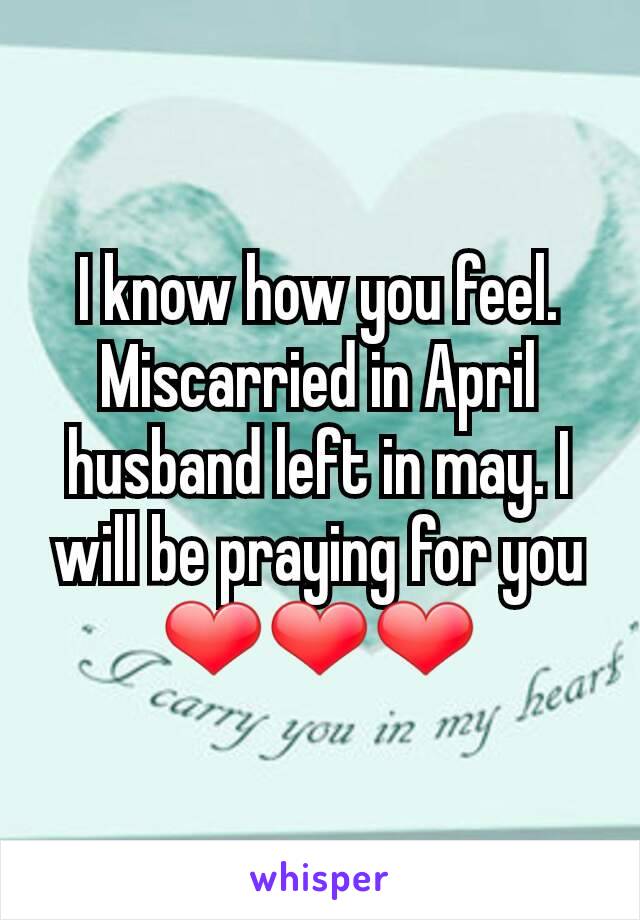 I know how you feel. Miscarried in April husband left in may. I will be praying for you ❤❤❤