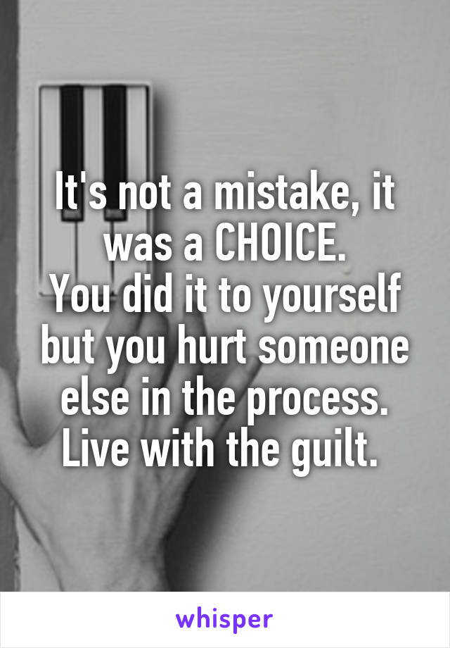 It's not a mistake, it was a CHOICE.
You did it to yourself but you hurt someone else in the process.
Live with the guilt. 