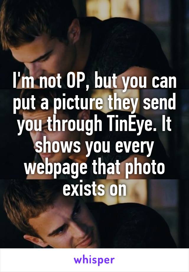 I'm not OP, but you can put a picture they send you through TinEye. It shows you every webpage that photo exists on