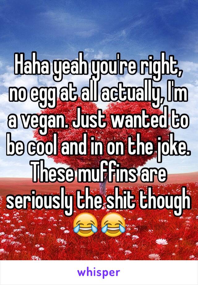 Haha yeah you're right, no egg at all actually, I'm a vegan. Just wanted to be cool and in on the joke. These muffins are seriously the shit though 😂😂