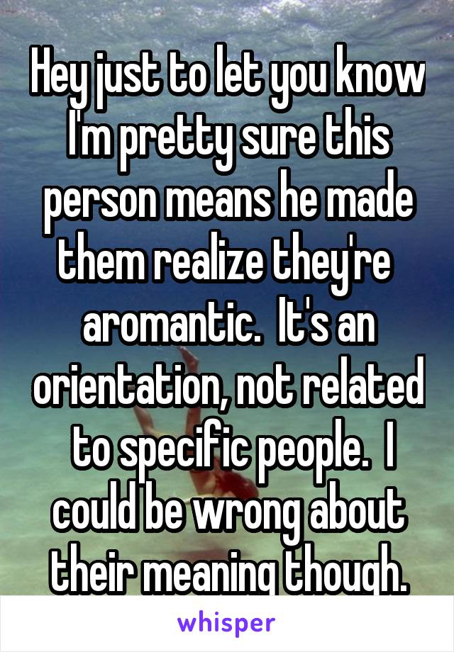Hey just to let you know I'm pretty sure this person means he made them realize they're  aromantic.  It's an orientation, not related  to specific people.  I could be wrong about their meaning though.