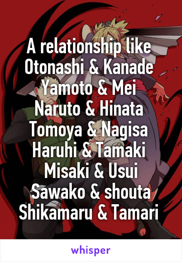 A relationship like 
Otonashi & Kanade 
Yamoto & Mei 
Naruto & Hinata 
Tomoya & Nagisa 
Haruhi & Tamaki 
Misaki & Usui
Sawako & shouta
Shikamaru & Tamari 