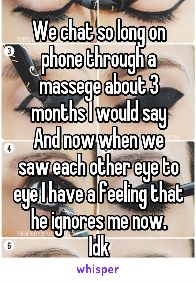 We chat so long on phone through a massege about 3 months I would say
And now when we saw each other eye to eye I have a feeling that he ignores me now.
Idk