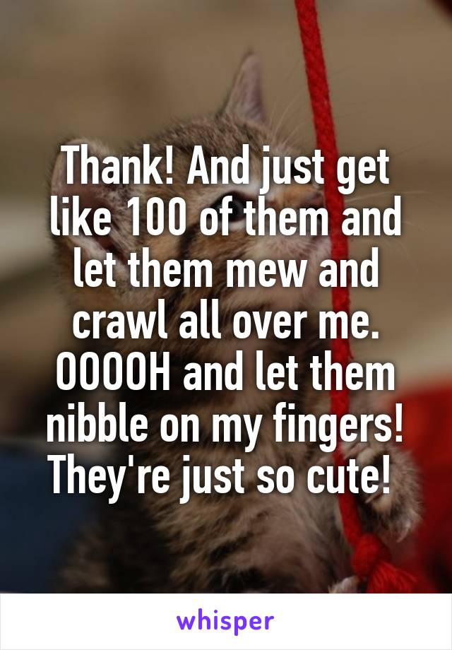 Thank! And just get like 100 of them and let them mew and crawl all over me. OOOOH and let them nibble on my fingers! They're just so cute! 