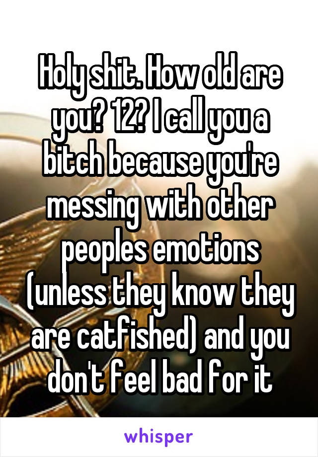 Holy shit. How old are you? 12? I call you a bitch because you're messing with other peoples emotions (unless they know they are catfished) and you don't feel bad for it