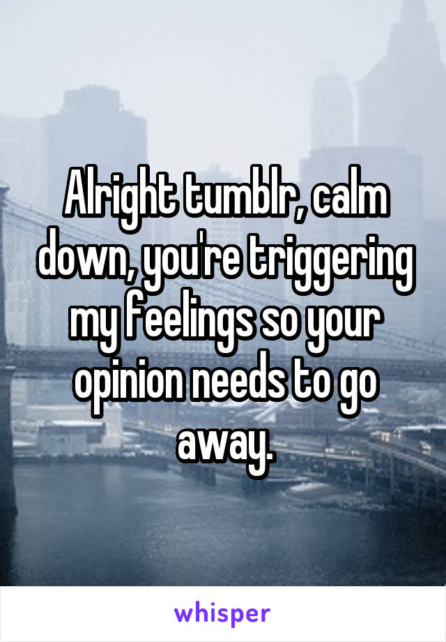 Alright tumblr, calm down, you're triggering my feelings so your opinion needs to go away.