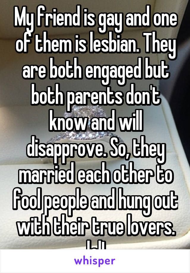 My friend is gay and one of them is lesbian. They are both engaged but both parents don't know and will disapprove. So, they married each other to fool people and hung out with their true lovers. lol!
