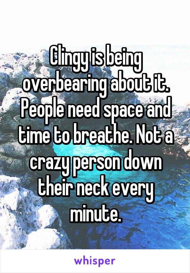 Clingy is being overbearing about it. People need space and time to breathe. Not a crazy person down their neck every minute.