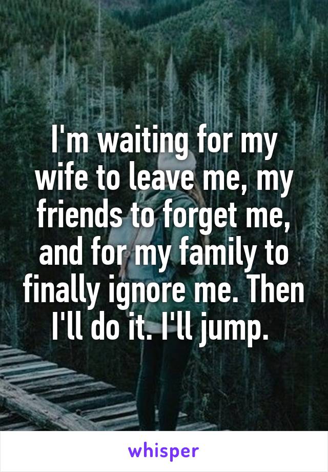 I'm waiting for my wife to leave me, my friends to forget me, and for my family to finally ignore me. Then I'll do it. I'll jump. 