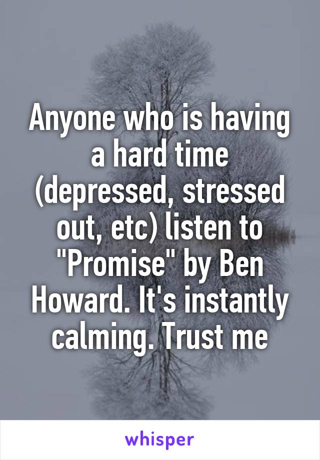 Anyone who is having a hard time (depressed, stressed out, etc) listen to "Promise" by Ben Howard. It's instantly calming. Trust me