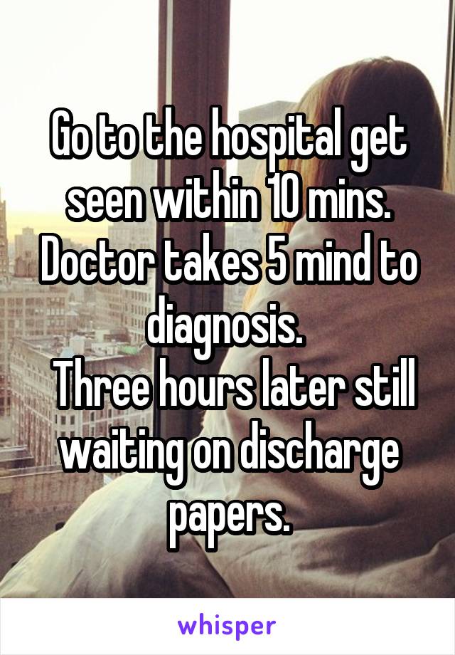 Go to the hospital get seen within 10 mins. Doctor takes 5 mind to diagnosis. 
 Three hours later still waiting on discharge papers.