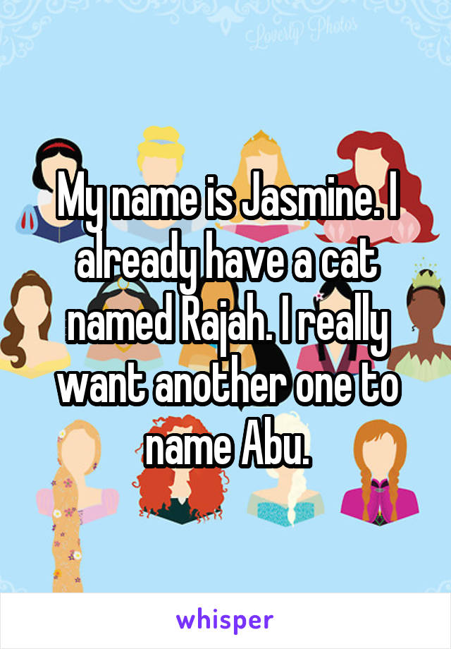 My name is Jasmine. I already have a cat named Rajah. I really want another one to name Abu.