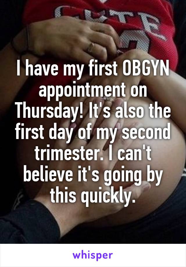 I have my first OBGYN appointment on Thursday! It's also the first day of my second trimester. I can't believe it's going by this quickly.