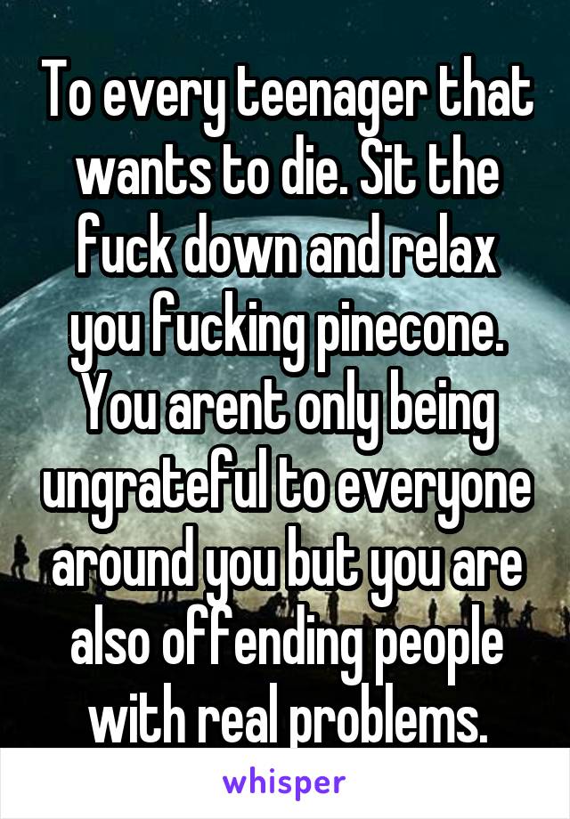 To every teenager that wants to die. Sit the fuck down and relax you fucking pinecone. You arent only being ungrateful to everyone around you but you are also offending people with real problems.