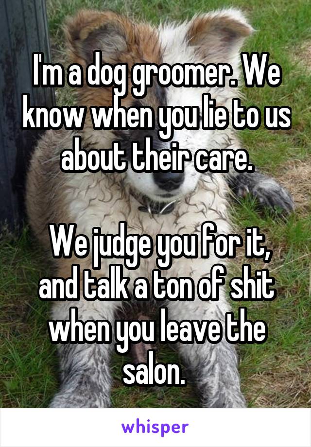 I'm a dog groomer. We know when you lie to us about their care.

 We judge you for it, and talk a ton of shit when you leave the salon. 