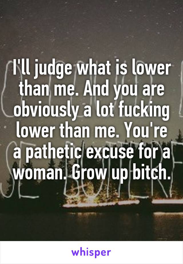 I'll judge what is lower than me. And you are obviously a lot fucking lower than me. You're a pathetic excuse for a woman. Grow up bitch. 