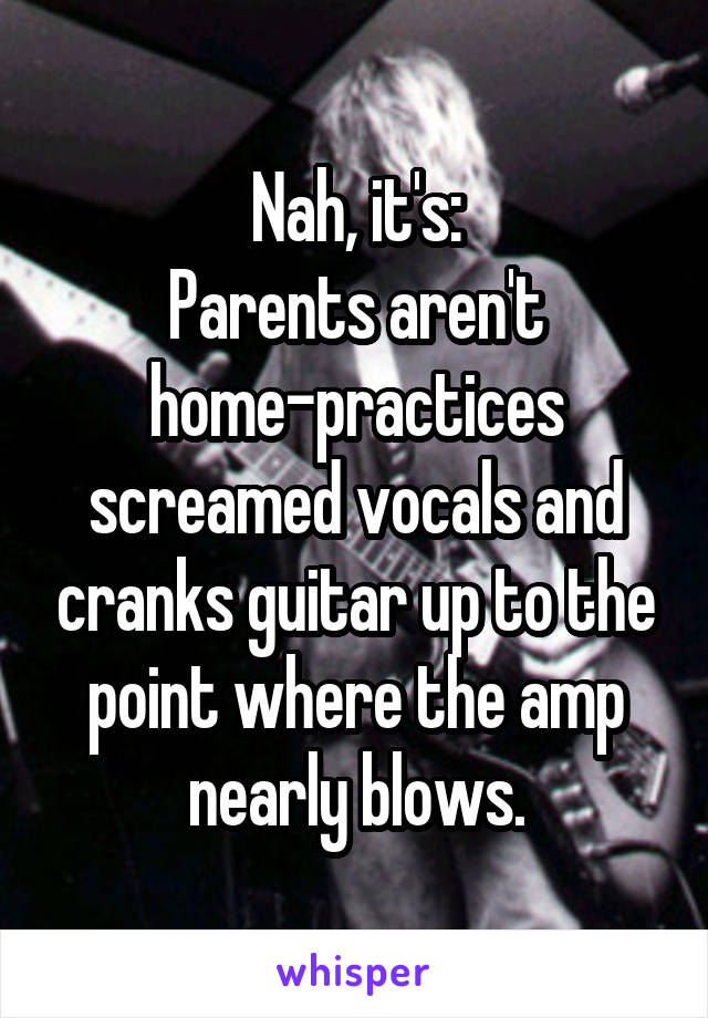 Nah, it's:
Parents aren't home-practices screamed vocals and cranks guitar up to the point where the amp nearly blows.