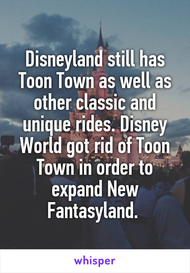 Disneyland still has Toon Town as well as other classic and unique rides. Disney World got rid of Toon Town in order to expand New Fantasyland. 