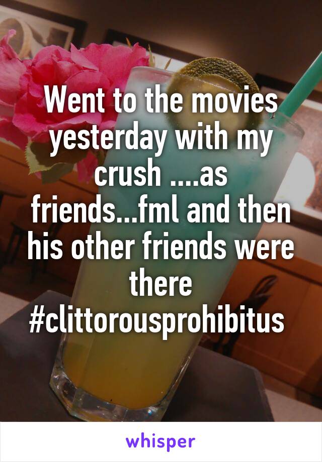 Went to the movies yesterday with my crush ....as friends...fml and then his other friends were there #clittorousprohibitus 
