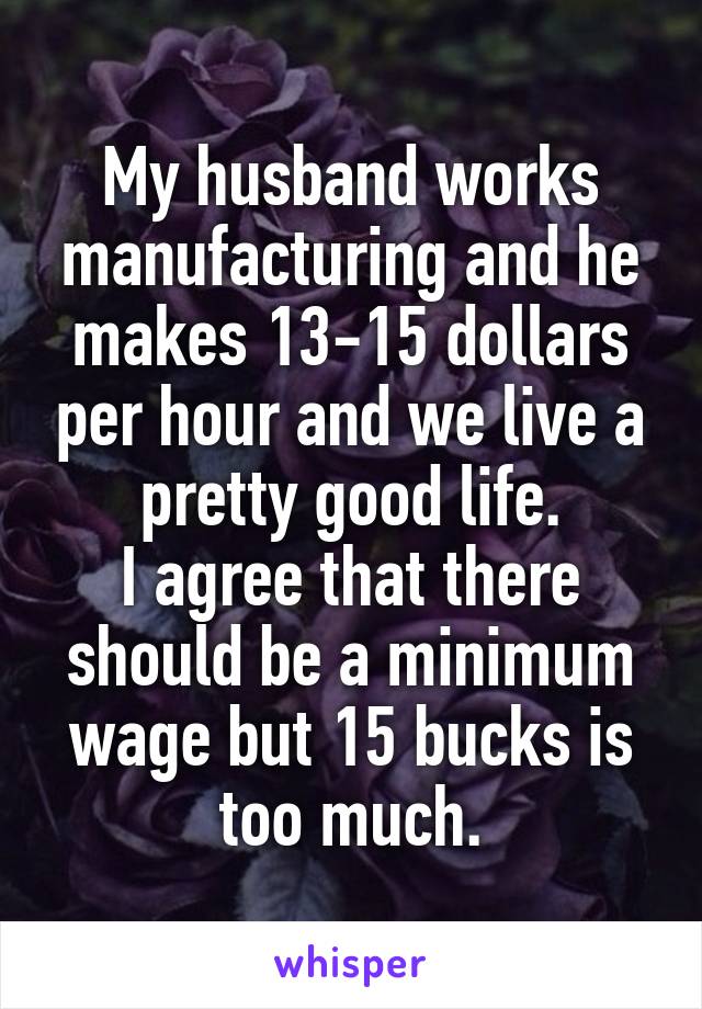My husband works manufacturing and he makes 13-15 dollars per hour and we live a pretty good life.
I agree that there should be a minimum wage but 15 bucks is too much.