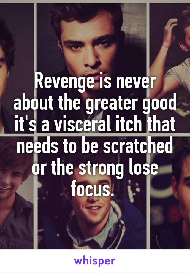 Revenge is never about the greater good it's a visceral itch that needs to be scratched or the strong lose focus. 