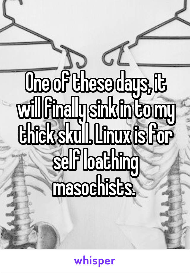 One of these days, it will finally sink in to my thick skull. Linux is for self loathing masochists. 