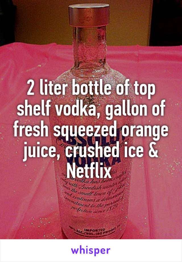 2 liter bottle of top shelf vodka, gallon of fresh squeezed orange juice, crushed ice & Netflix 