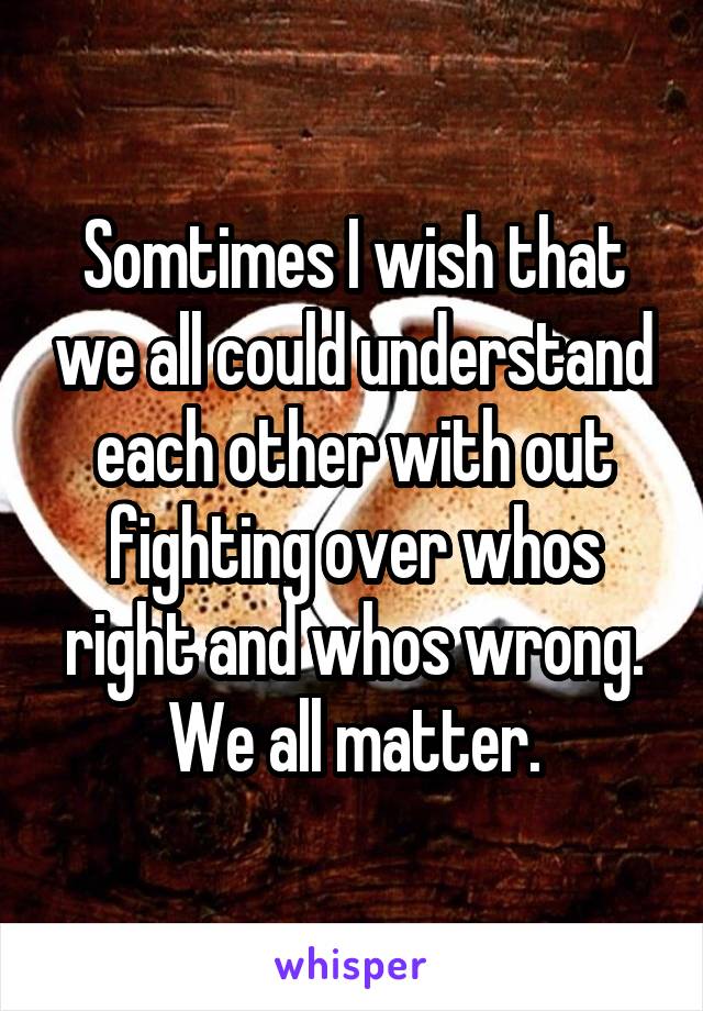Somtimes I wish that we all could understand each other with out fighting over whos right and whos wrong. We all matter.