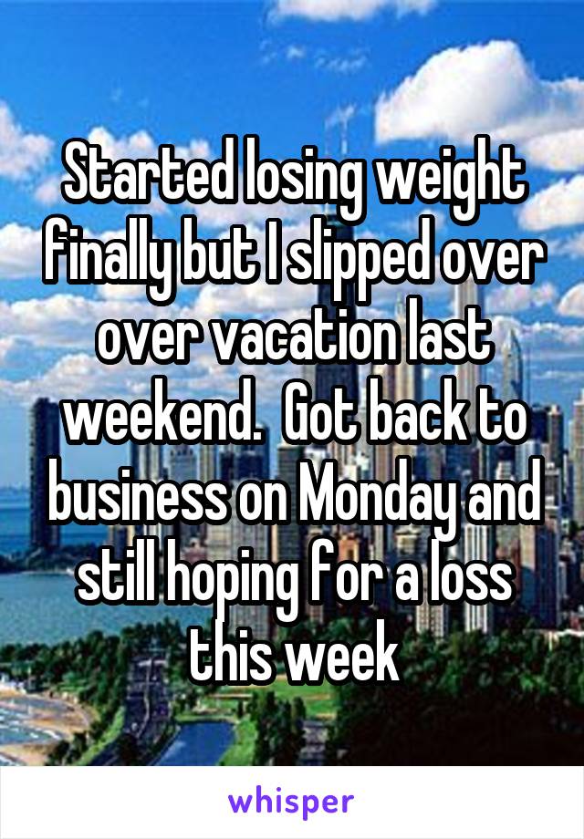 Started losing weight finally but I slipped over over vacation last weekend.  Got back to business on Monday and still hoping for a loss this week